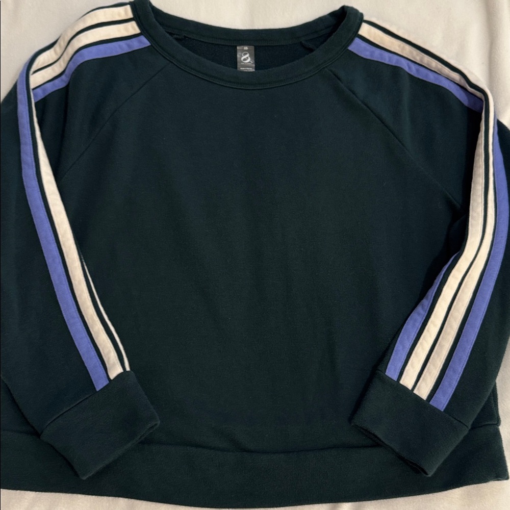 Lou & Grey XS Cropped Sweatshirt Dark Green Blue Stripe Sleeve Pullover LOFT - Picture 4 of 9